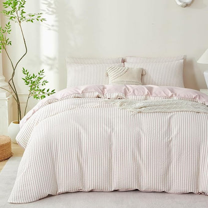 Dusty Pink Comforter Set Queen Size Soft Luxury Washed Microfiber Jacquard 3 Pieces Bedding Set, White Dusty Pink Vertical Ticking Stripes Comforter with 2 Pillowcases Breathable Durable Comfy