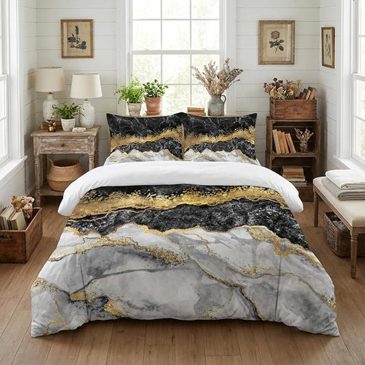 Black Grey Marble Comforter Queen Size, Abstract Modern Bedding Set with Golden River Texture, 3Pcs Soft Microfiber Quilted Comforter for All Seasons, 2 Matching Pillowcases/ 90"x90"