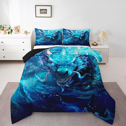 3D Dragon Bedding Set Full Size,Western Magical Dragon Gothic Comforter Set for Kids Boys Teens Men Room Decor,Waterdrop Nature Animal Duvet Insert 3Pcs,Wildlife Retro Quilt Set,2 Pillowcases