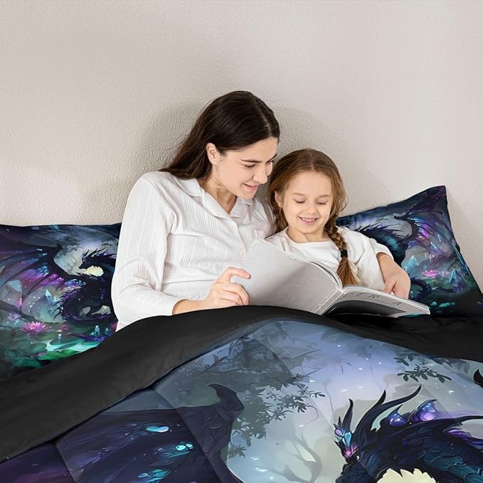 Feelyou Dragon Comforter Set Full Size Dragon Stuff Bedding Set for Kids Boys Girls Wild Life Duvet Quilt Magic Wildlife Bedroom Decor Black Purplish 3 Pcs with 2 Pillow Cases