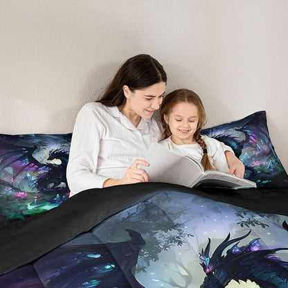 Feelyou Dragon Comforter Set Full Size Dragon Stuff Bedding Set for Kids Boys Girls Wild Life Duvet Quilt Magic Wildlife Bedroom Decor Black Purplish 3 Pcs with 2 Pillow Cases