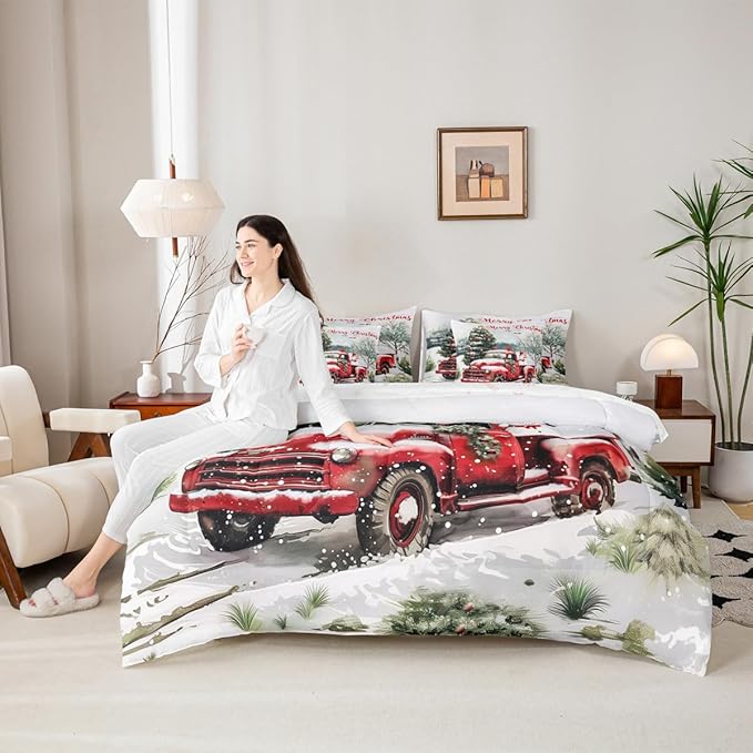 Castle Fairy Merry Christmas Comforter Set 7 Pieces,Red Truck Snowman Bed Set for Adults,Winter Pine Tree Bedding Queen with 1 Comforter,1 Fitted Sheet,1 Flat Sheet,2 Pillowcases,2 Throw Pillow Cover