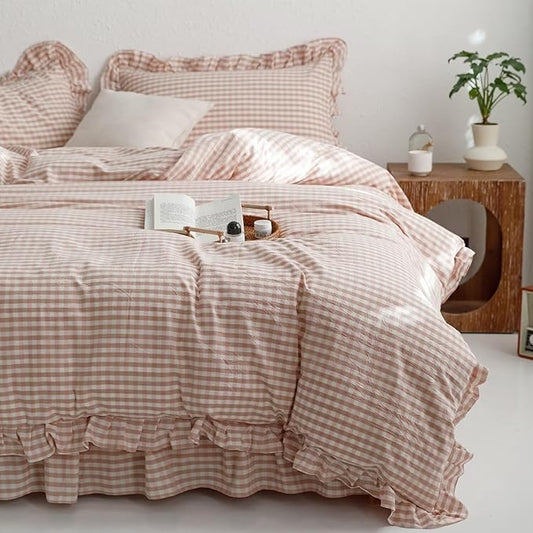mixinni Vintage Pink Gingham Ruffle Comforter Set 3-Piece Washed Cotton Queen Size Grid Bedding Set with Geometric Checkered Pattern, Farmhouse Chic Soft Fluffy Comforter for All-Season