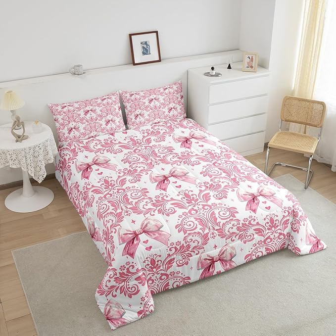 Feelyou Girls Pink Bowknot Comforter Set Twin Size Goth Damask Comforter Victorian-Themed Bedding Set Baroque Duvet Set Vintage Floral Quilt Set 2Pcs