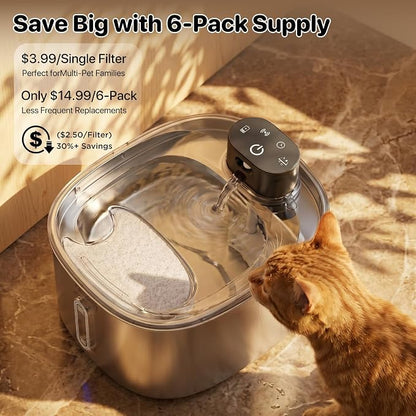 PartsBling Replacement Filters for 4.2L Cat Water Fountain | 6 Pack Filters & 6 Pack Pre-Filter Sponges for PartsBling Stainless Steel Cat Water Fountain