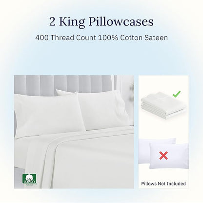 California Design Den King Size Pillowcase Set - 400 Thread Count, 100% Cotton Sateen, Set of 2 Pillow Covers, Soft and Breathable - Ivory (Pale Tone)