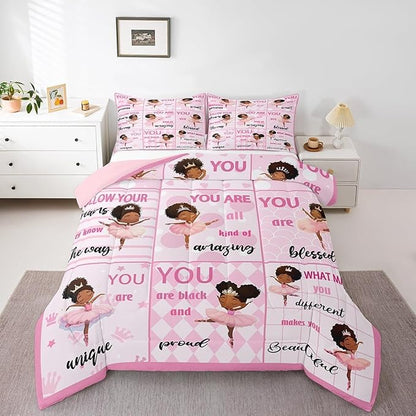 Castle Fairy Kawaii Girly Ballet Comforter Set Twin Size American Style Princess Bedding Set Bedroom Decor Motivational Quotes Quilt Set for Kids Girls Pink Artistic Dancer Duvet Insert,2 Pcs