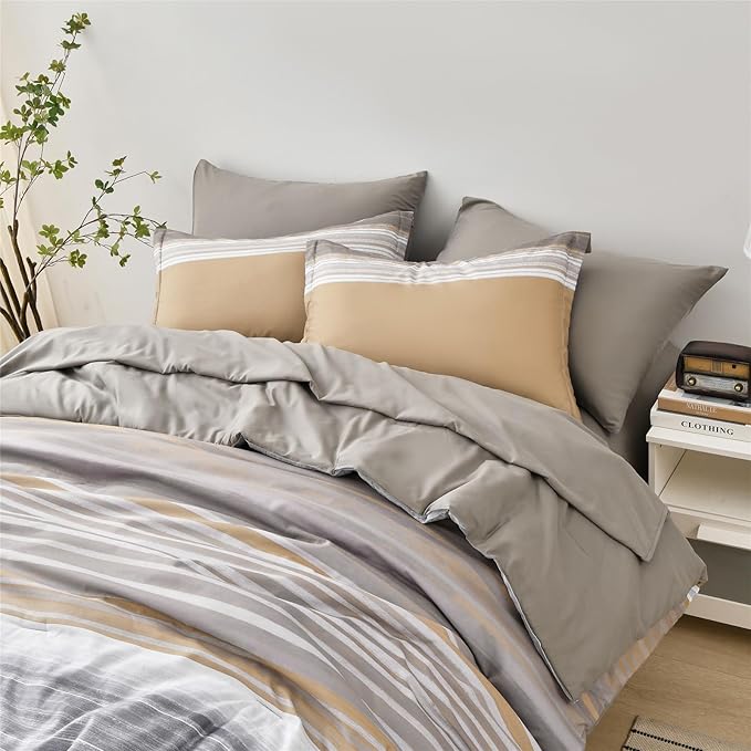 7 Piece Bed in a Bag Stripe Comforter Set Queen Size, White Grey Khaki Patchwork Striped Comforter and Sheet Set, All Season Soft Microfiber Complete Bedding Set(Khaki,Queen)