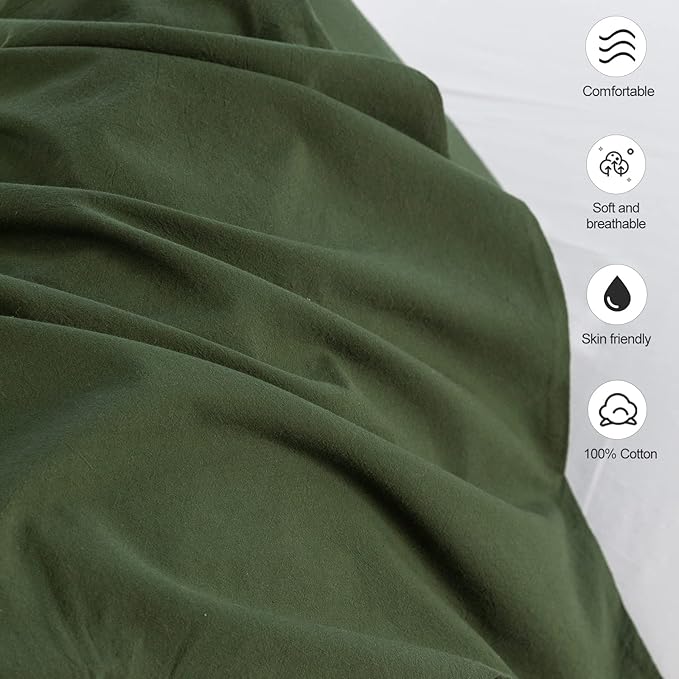 MooMee Bedding Pillowcases Pack of 2 100% Washed Cotton Linen Like Textured Breathable Durable Soft Comfy (Solid Olive Green, Queen)
