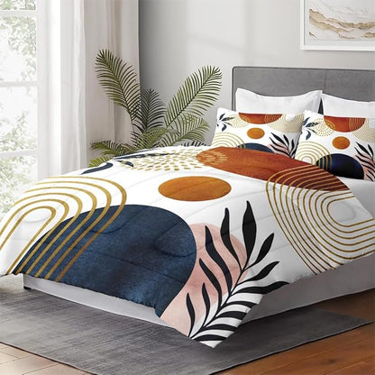 Full Size Comforter Set with 2 Pillowcases, Mid Century 3 Pcs Bedding for Adults, Sun Boho Geometric Leaf Soft Comforter Set for Bedroom Bed Decor