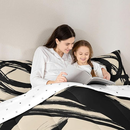 Erosebridal Black and Beige Striped King Bedding Set for Kids Teens Adults, Geometric Striped Comforter Set for Minimalists,Graffiti Aesthetic Lines Duvet Insert,Contemporary Boho Modern Art Quilt