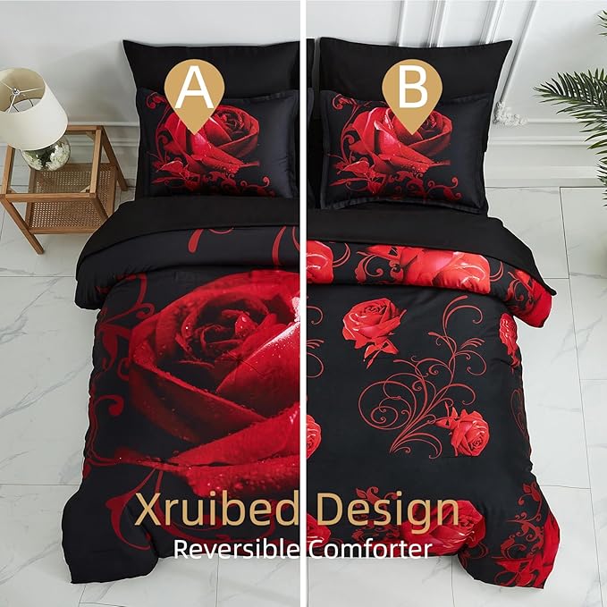 Red Comforter Set King 7 Piece Bed in a Bag Red Rose Flower Comforter with Sheet Set Soft Micorfiber Reversible Bedding Set (1 Comforter,2 Pillow Shams,1 Flat Sheet,1 Fitted Sheet,2 Pillowcases)