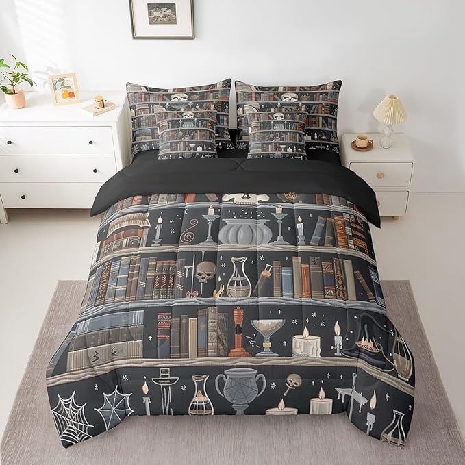 Feelyou Magic Bookshelf Comforter Set 7 Pieces King Size Vintage Library Bedding Set for Boys Girls Book Skull Bed in a Bag with Comforter, Sheets, Pillowcases & Cushion Covers
