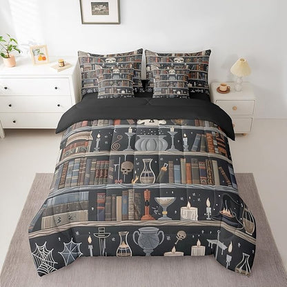 Feelyou Magic Bookshelf Comforter Set 7 Pieces King Size Vintage Library Bedding Set for Boys Girls Book Skull Bed in a Bag with Comforter, Sheets, Pillowcases & Cushion Covers