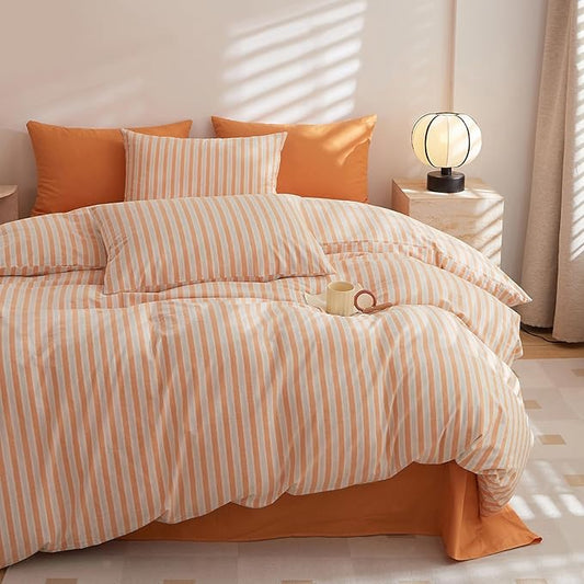 HighBuy Gingham Queen Size Comforter Set Orange Grey Striped (90x90 Inch) Gingham Comforter Set 3 Pieces Modern Chic Comforter Bedding Set Striped Queen Geometric Fluffy Home Decoration