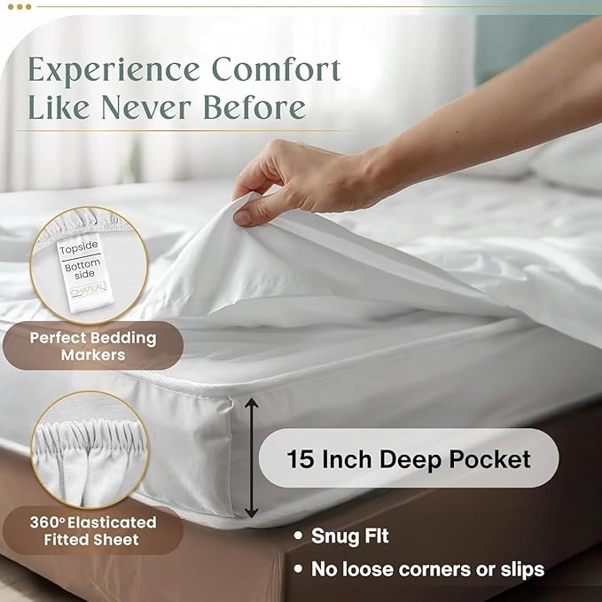 100% Egyptian Cotton Sheets King Size Sheets Set with Fully Elasticated 15" Deep Fitted Sheet & Pillowcase Sets, Sateen Weave Hotel Collection King Sheet Set, Soft Luxury White Bedding