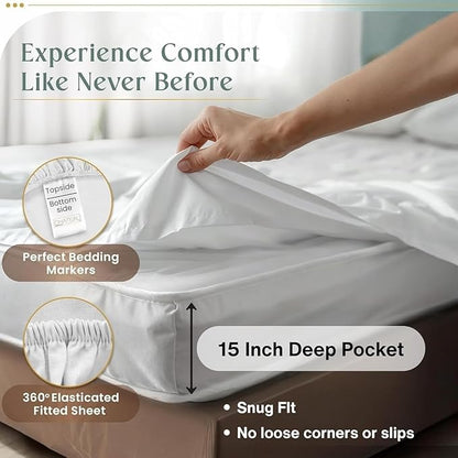 100% Egyptian Cotton Sheets King Size Sheets Set with Fully Elasticated 15" Deep Fitted Sheet & Pillowcase Sets, Sateen Weave Hotel Collection King Sheet Set, Soft Luxury White Bedding