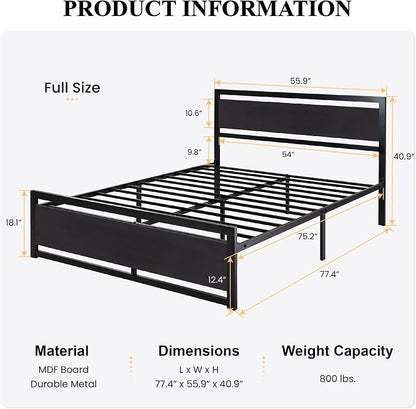 SHA CERLIN Heavy Duty Full Size Bed Frame with Modern Headboard, Black | Platform Metal Base with Square Footboard and 13 Strong Slats Support, No Box Spring Needed