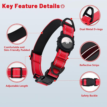 Taglory AirTag Dog Collar with Waterproof Holder for Medium Dogs, Red, M | Reflective for Night Walks & Low-Light Safety, Track Your Pup Peace of Mind, Adjustable Soft Padded, No More Dangling Tags