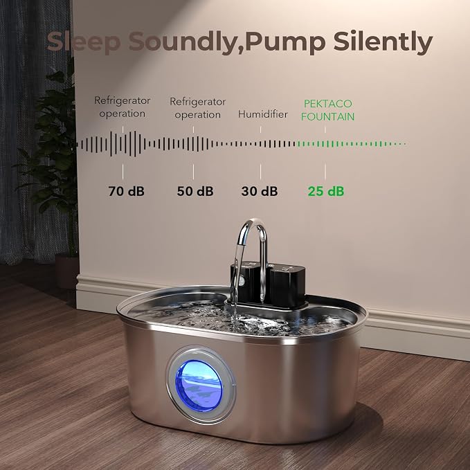 PEKTACO Wireless Cat Water Fountain, 108oz/3.2L Stainless Steel, 3 Filters | 3 smart modes, 25 dB quiet pump, multi-layer filtration, BPA-free parts, dishwasher-safe bowl, easy-clean for daily use