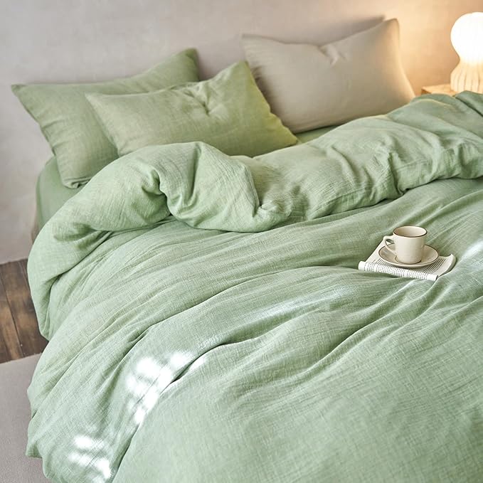 VM VOUGEMARKET Green Duvet Cover Queen Size-Ultra-Soft, Breathable & Lightweight Muslin Cotton Linen Like Gauze Textured Comforter Cover with Zipper Closure Minimalist Bedding Set- 90"x90",Mint Green