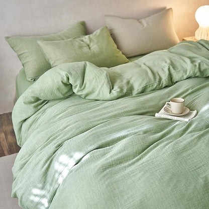 VM VOUGEMARKET Green Duvet Cover Queen Size-Ultra-Soft, Breathable & Lightweight Muslin Cotton Linen Like Gauze Textured Comforter Cover with Zipper Closure Minimalist Bedding Set- 90"x90",Mint Green