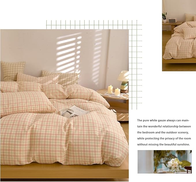 EAVD Vintage Pink&Green Gingham Plaid Duvet Cover Twin Soft 100% Muslin Cotton Retro Grid Checkered Bedding Set with 2 Pillowcases Farmhouse Plaid Grid Duvet Cover with Zipper Closure