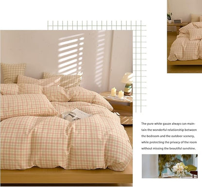EAVD Vintage Pink&Green Gingham Plaid Duvet Cover Twin Soft 100% Muslin Cotton Retro Grid Checkered Bedding Set with 2 Pillowcases Farmhouse Plaid Grid Duvet Cover with Zipper Closure