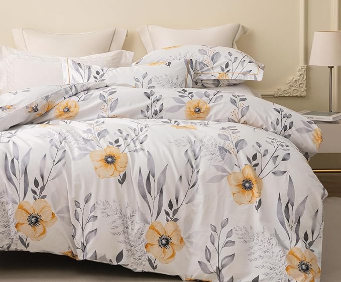 King Size Duvet Cover Set with Button Closure - Black and Yellow Botanical Luxury Bedding for a Comfortable Sleeping