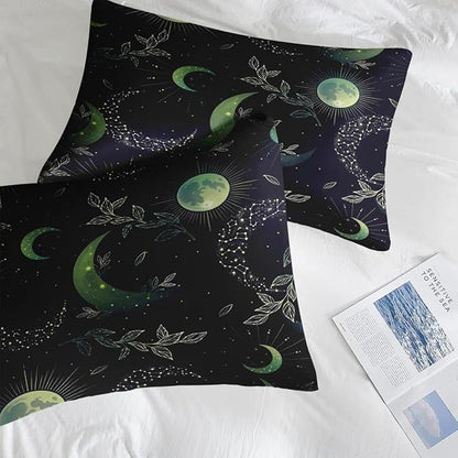 Comforter Set Twin Size, Green Boho Space 5 Pcs Bedding for Kids and Adults, Herbs Witch Floral Bed Sheet Sets with Fitted Sheet Pillowcase & Sham for Bedroom Bed Decor