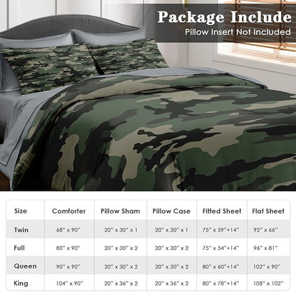 Comforter Set King Size, Camo Army Camouflage 7 Pcs Bedding for Kids and Adults, Military Bed Sheet Sets with Fitted Sheet 2 Pillowcase & 2 Sham for Bedroom Bed Decor