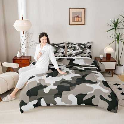 Camouflage Comforter Set Grey Camo Bedding Sets King Size Militarily Army Down Comforter For Boys Teens Men Adult Tie Dye Retro Geometric Warm Soft Quilted Duvet 3Pcs Bedroom Decor, All Season
