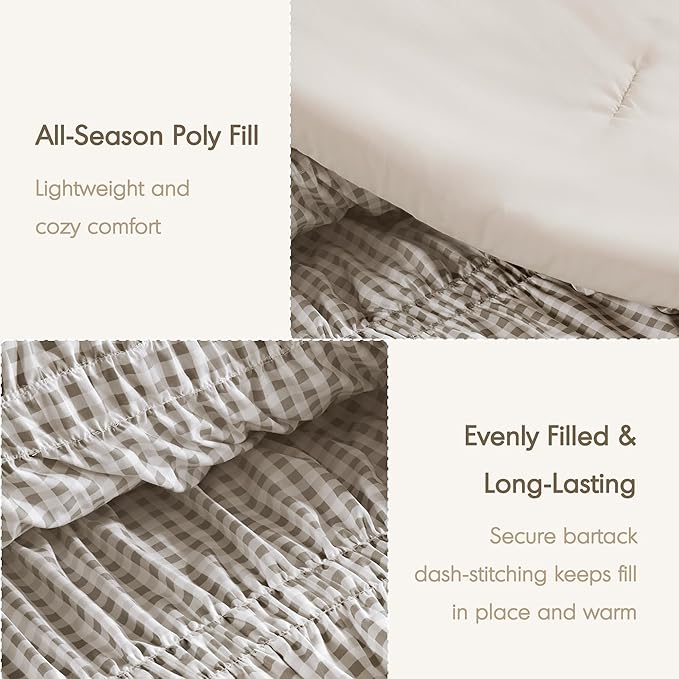 Intelligent Design Ella Queen Comforter Set – Ruched Gingham Shabby Chic Bedding, Bow-Tie Detail, All Season Lightweight 3 Piece Bedding Set, Sham, Full/Queen, Brown