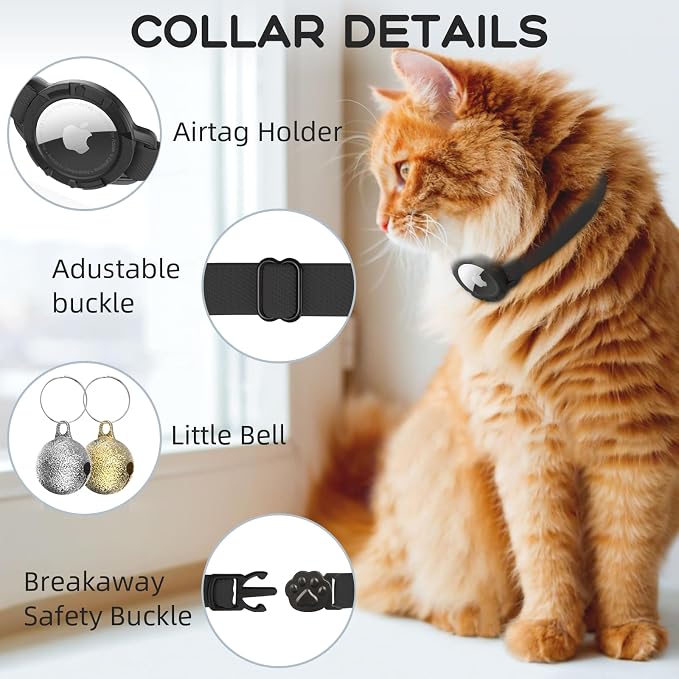 AirTag Cat Collars, Stretchy Collar with AirTag Holder and Bell | Breakaway - Ultra Design Elastic - GPS Tracking Collars - Adjustable Size for Cats & Puppies 7.5-12.5" - (Black)