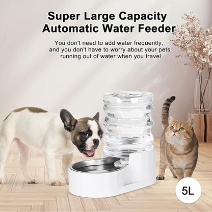 RIZZARI 5L Gravity Cat Water Dispenser: Filtered for Small Pets | Reduced Refills / Stainless Steel Bowl / Anti Splash Base /BPA-Free Materials/ Easy Cleaning / Kitchen Living Room Use