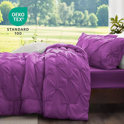BEDELITE Purple Twin Comforter Set - 2 Peices Boho Pintuck Bedding Comforter Sets, Lightweight Soft & Warm Twin Bedding Sets with 1 Pillowcase for All Season