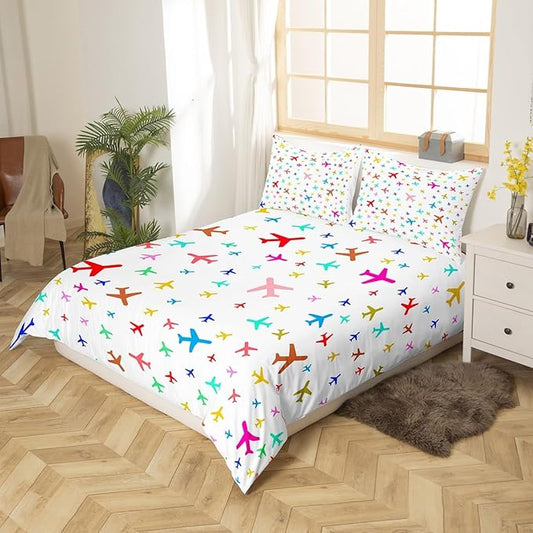 Castle Fairy Kids Aircraft Bedding Set Watercolor Transportation Vehicles Duvet Cover Set Boys Airplanes Comforter Cover Colorful Bedspread Cover Bedroom Quilt Cover Twin,No Comforter