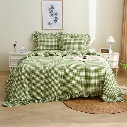 Olive Green/White Checkered Ruffle 3-Piece Duvet Cover Set Queen Size,Washed Cotton Shabby Gingham Plaid Bedding Set Farmhouse Comforter Set(Queen,Olive Green)