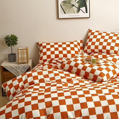 CLOTHKNOW Orange Beige Plaid Twin Comforter Set Grid Bedding Comforter Sets Soft All Checker Comforter with 2 x Pillow Cases