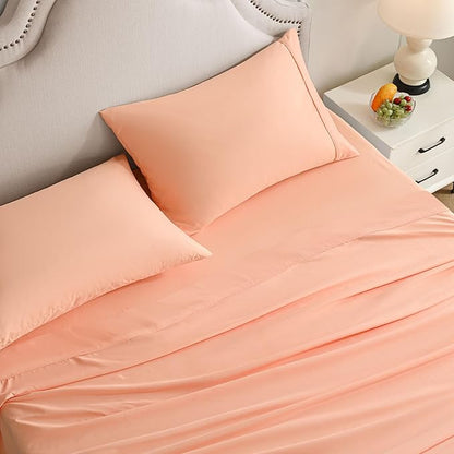 Queen Sheet Set, 4 Pieces Hotel Luxury Soft Microfiber Queen Bed Sheets Set, Up to 16" Deep Pockets, Oeko-Tex Sheets with Elastic, Breathable, Wrinkle Free (Peach Pink, Queen)