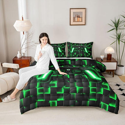 Erosebridal Gamer Comforter Full Bedding Sets for Boys 3D Geometric Gaming Comforter Set for Kids Girls Men,Neon Ombre Checkered Game Console Bed Set Lightweight Quilt Duvet 3 Piece Black Green