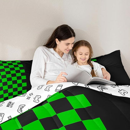 Geometric PlaidComforter Set King Size,Patchwork Grid Video Games Kids Bedding Set,Simple Lattice Abstract Quilt Comforter,Black & Green Duvet Insert,2 Pillowcases