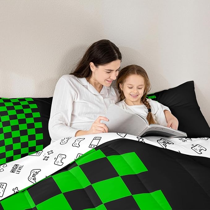 Geometric Plaid Kids Comforter Set Full Size,Patchwork Grid Video Games Bedding Set,Boys Room Decor,Simple Lattice Abstract Quilt Comforter,Black & Green Duvet Set Bedroom Quilt Set,2 Pillowcases