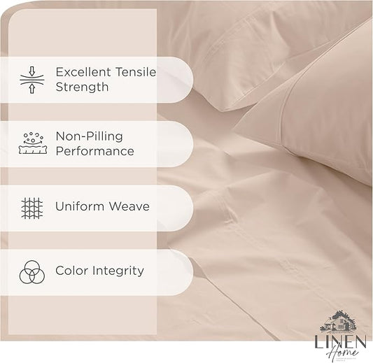 Linen Home 100% Cotton Percale Sheets California King Size, Sand Shell, Deep Pocket, 4 Pieces Set - 1 Flat, 1 Deep Pocket Fitted Sheet and 2 Pillowcases, Crisp Cool and Strong Bed Linen