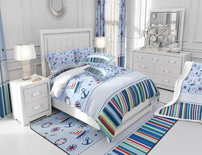 Castle Fairy Nautical Anchor Bedding Set Ocean Fish Seagull Blue Duvet Cover Set Outdoor Adventure Comforter Cover Red Blue Stripes Bedroom Quilt Cover Twin with 1 Pillowcase,No Comforter