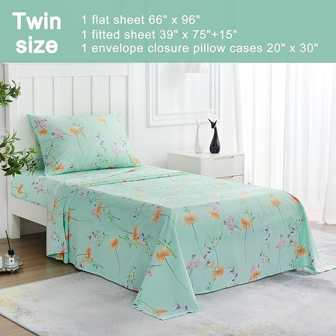 JSD Green Floral Printed Sheet Set Twin Size, 3 Piece Soft Botanical Microfiber Sheets Extra Deep Pocket