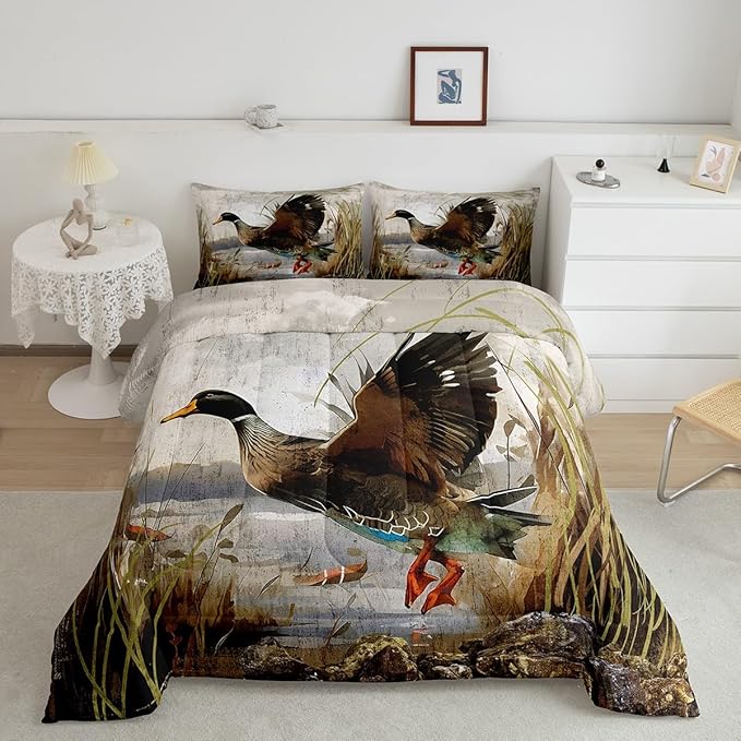 Feelyou Mallard Duck Bedding Set Boys Girls Wild Duck Hunting Comforter Set for Kids Women Men Soft Lodge Cabin Farmhouse Comforter Quilt Room Decor Queen Size Duvet Set Boys