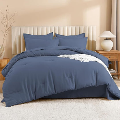 Litanika California King Comforter Set Bluish Grey - 7 Pieces Bed in a Bag Cal King Bedding Comforter Sets, Plain Lightweight Bed Set with Comforter, Sheets, Pillowcases & Shams