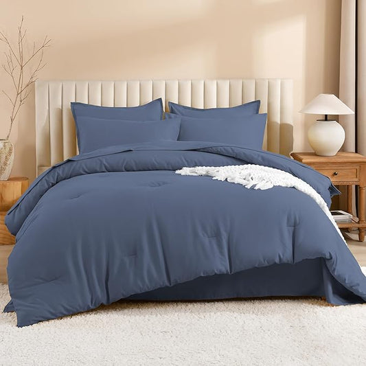 Litanika King Size Comforter Set Bluish Grey - 7 Pieces Bed in a Bag King Bedding Comforter Sets, Solid Lightweight Bed Set with Comforter, Sheets, Pillowcases & Shams