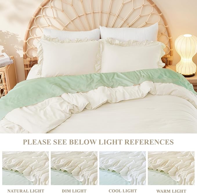 Litanika Twin Comforter Set Ivory, 2 Pieces Beige Ruffle Farmhouse Aesthetic Bedding Comforter Set, Lightweight Fluffy Microfiber Bed Set (66x90In Comforter, 1 Pillowcase)